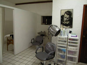 The back of the salon, with the hair washing station