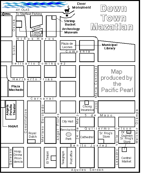 A map of downtown Mazatlan, also known as old Mazatlan. 