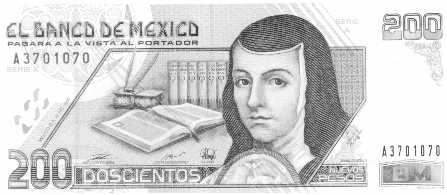 A Mexican 200 Peso note, with a picture of Juana In&egrave;s de La Cruz on it. 