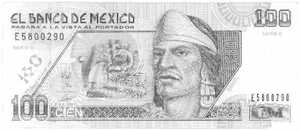 A Mexican 100 Peso note, with a picture of Nezahualcoyote on it. 
