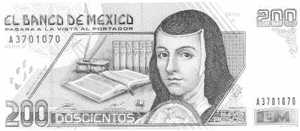 A Mexican 200 Peso note, with a picture of Juana InÃ¨s de La Cruz on it. 