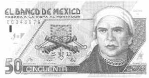 A Mexican 50 Peso note, with a picture of JosÃ© MarÃ­a Morelos, on it. 