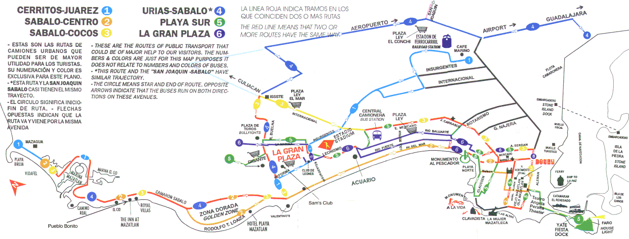A map of the bus routes of Mazatlan. Six different routes are featured, and the map covers a large area. 